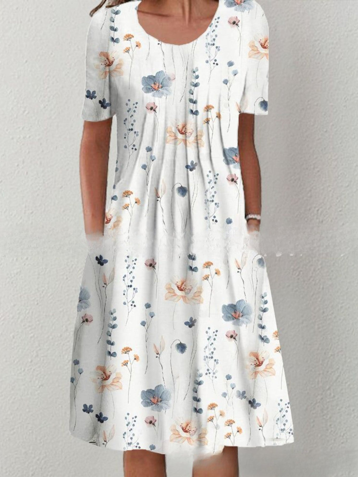 Mandala Print Short Sleeve Tucked Dress, Casual Crew Neck Dress