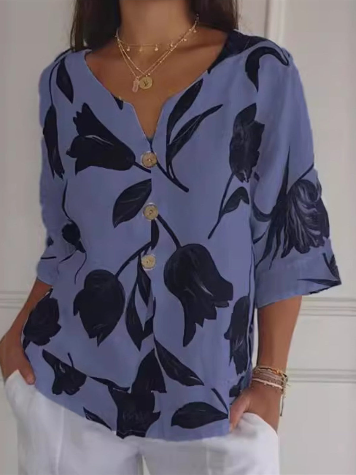 Floral Print Button Decor Blouse, Casual Notched Neck Top