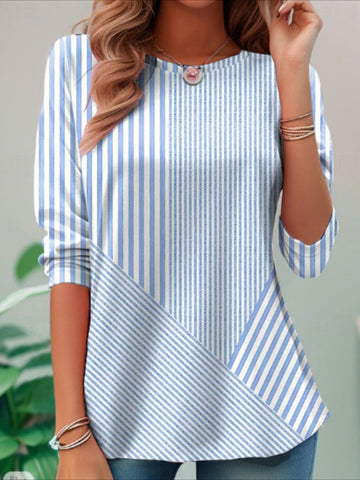 Graphic Geometric Striped Elegant Vintage Fashion Long Sleeve Crew Neck Regular Tops