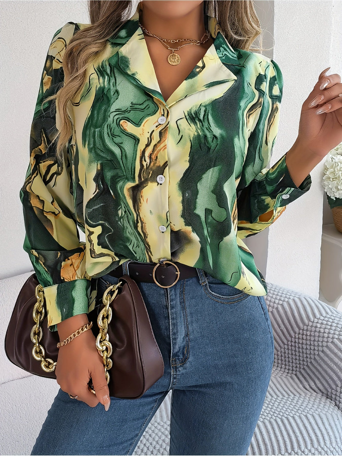 Graphic Print Button Front Shirt, Casual Long Sleeve Shirt