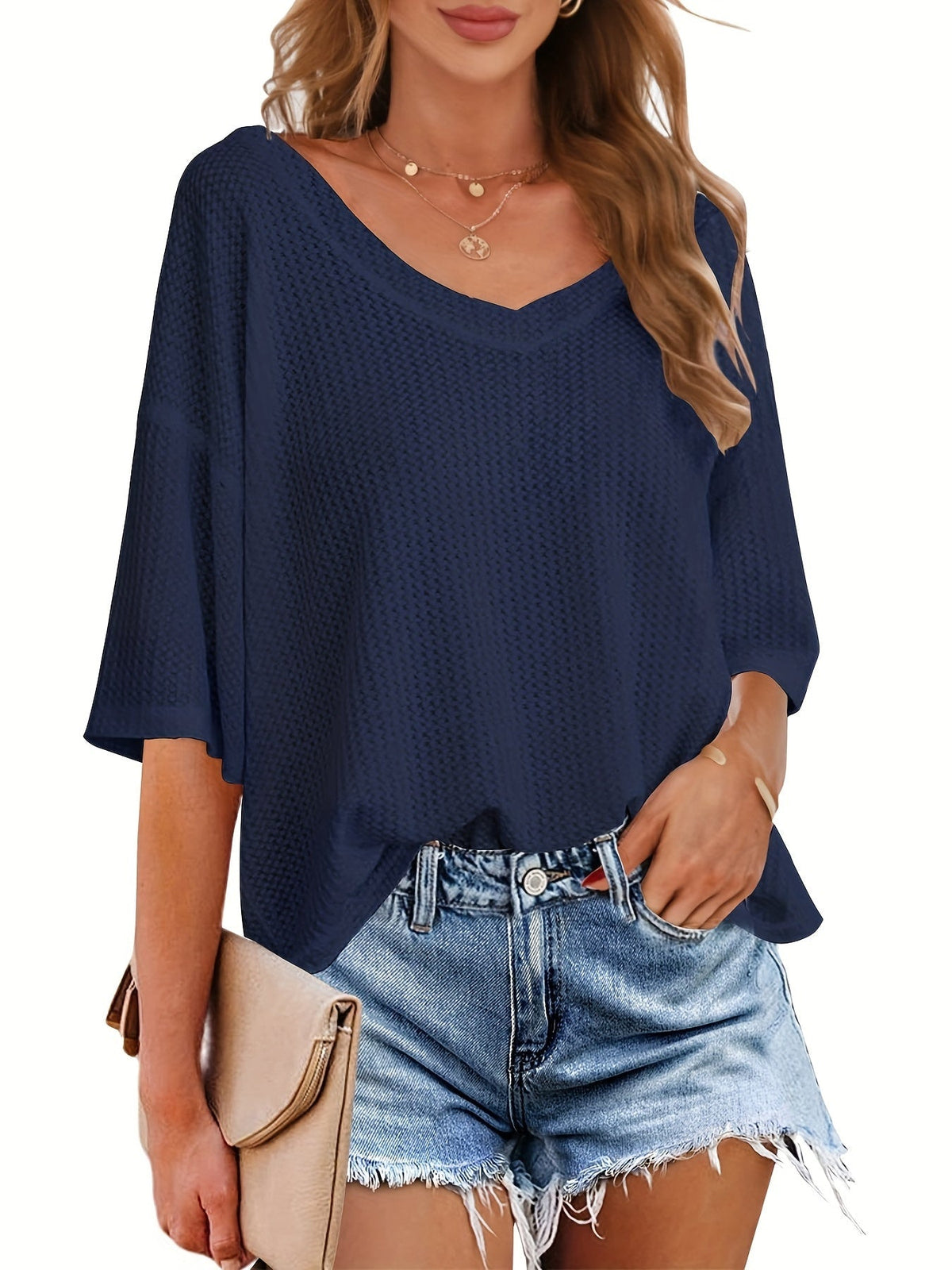 Solid Elegant V Neck T-Shirt, Drop Shoulder Casual Top
