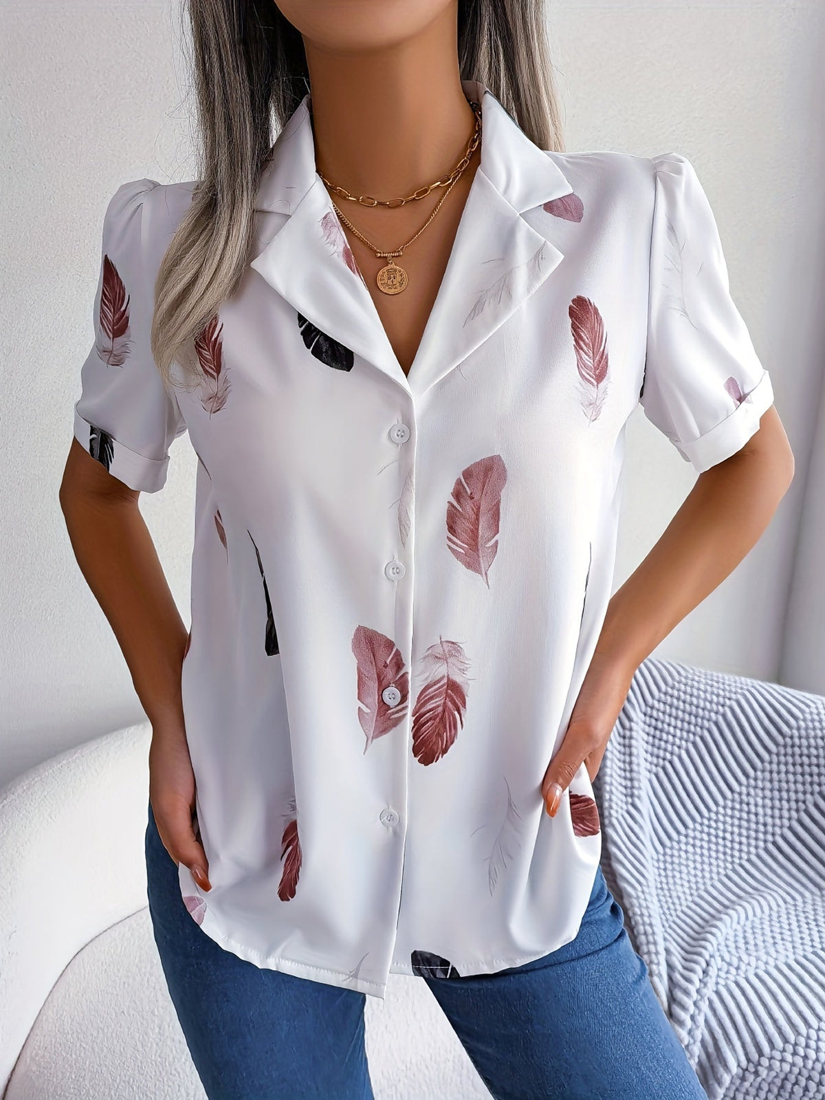 Feather Print Button Front Shirt, Casual Lapel Short Sleeve Shirt