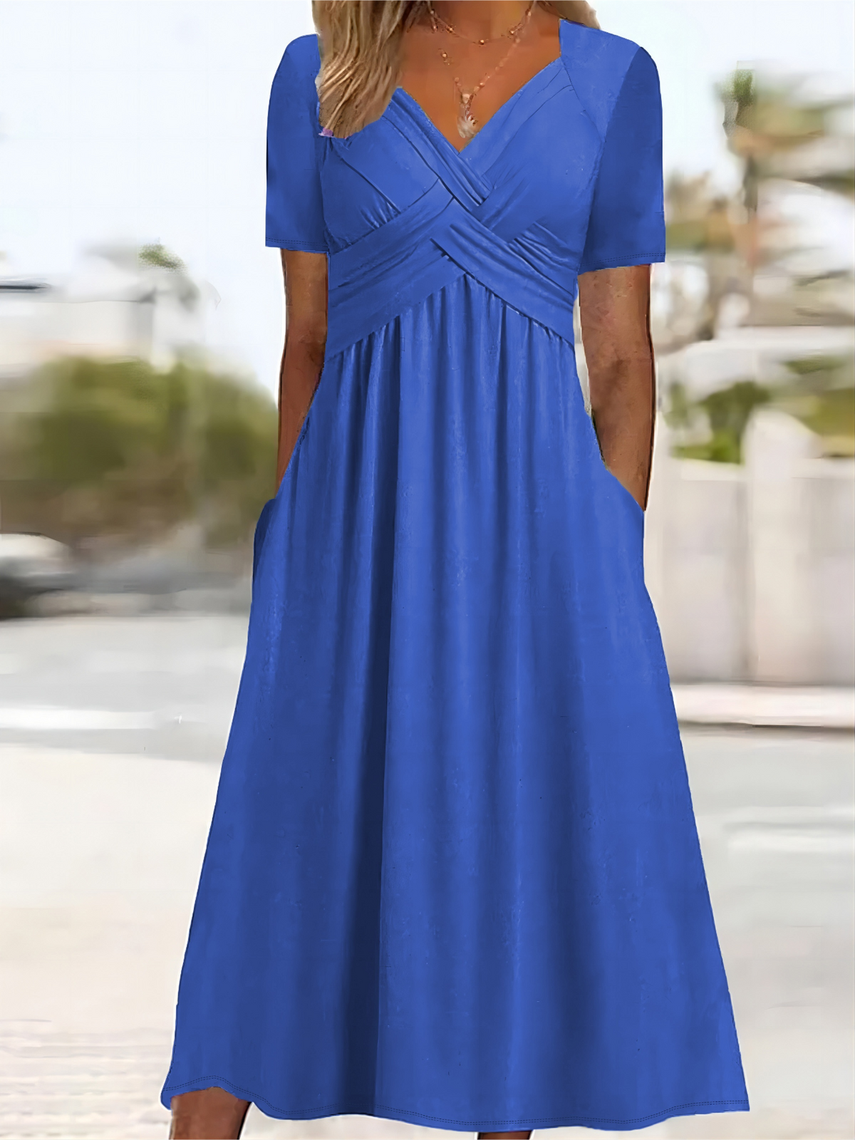 Solid V Neck Dress, Casual Criss Cross Short Sleeve Dress
