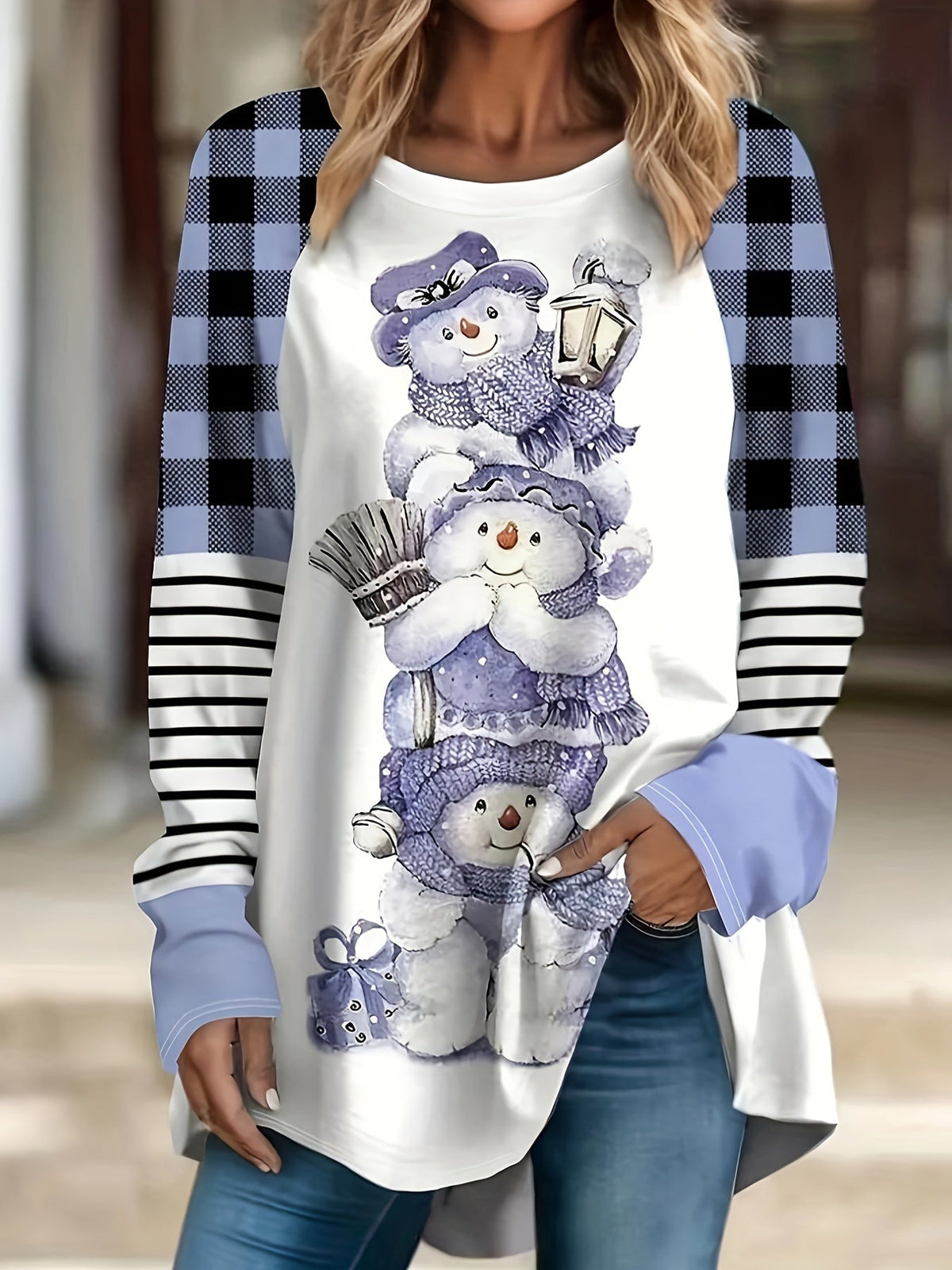 Casual T-shirt, Women's Colorblock Gingham & Stripe & Bear Print Long Sleeve Round Neck Tunic Top