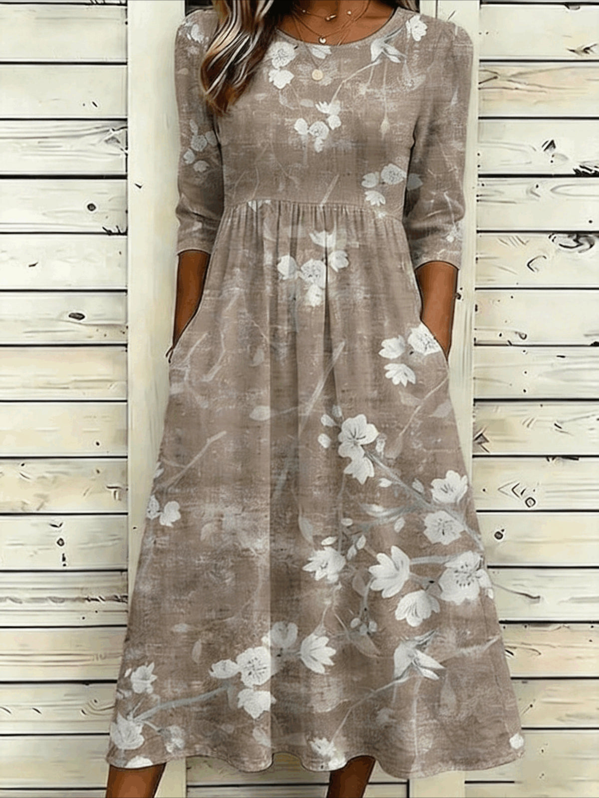 Flower Casual Round Neck Half Sleeve Mid Dress