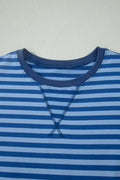 Blue Stripe Striped Ribbed Cotton Two-Piece Short Set with Chest Patch Detail