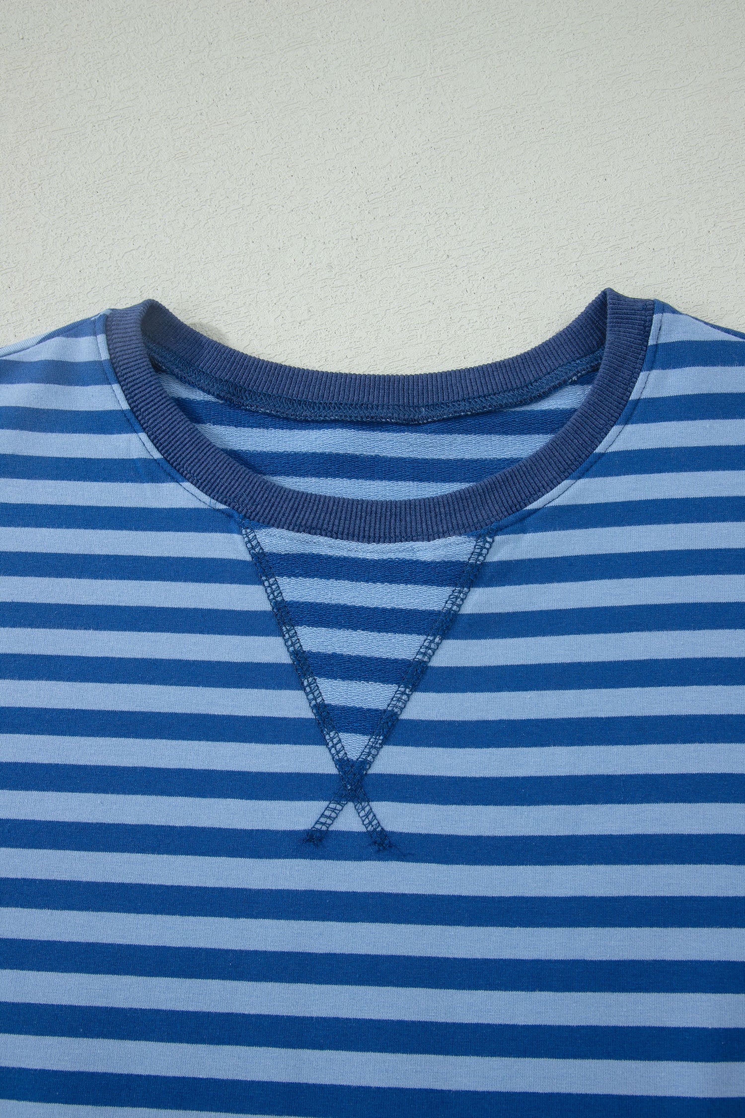 Blue Stripe Striped Ribbed Cotton Two-Piece Short Set with Chest Patch Detail