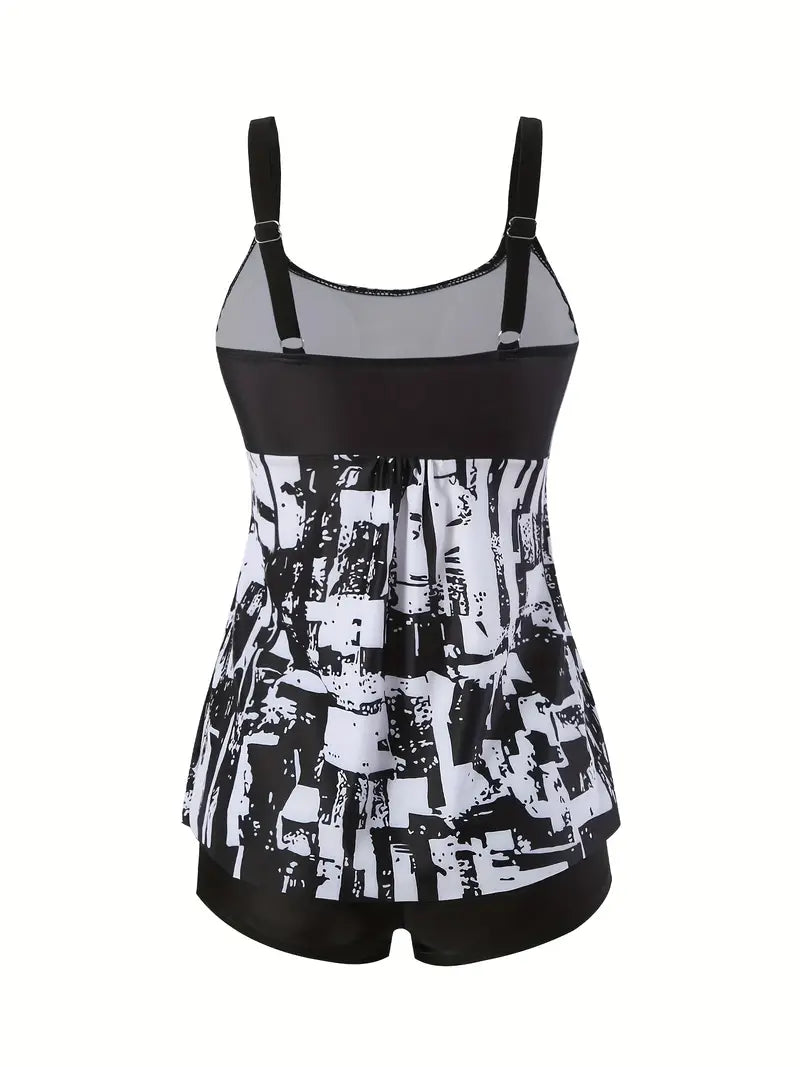 Colorful Digital Pattern Tankini Sets, Boxer Shorts Stretchy Tummy Cover Two Piece Swimsuit