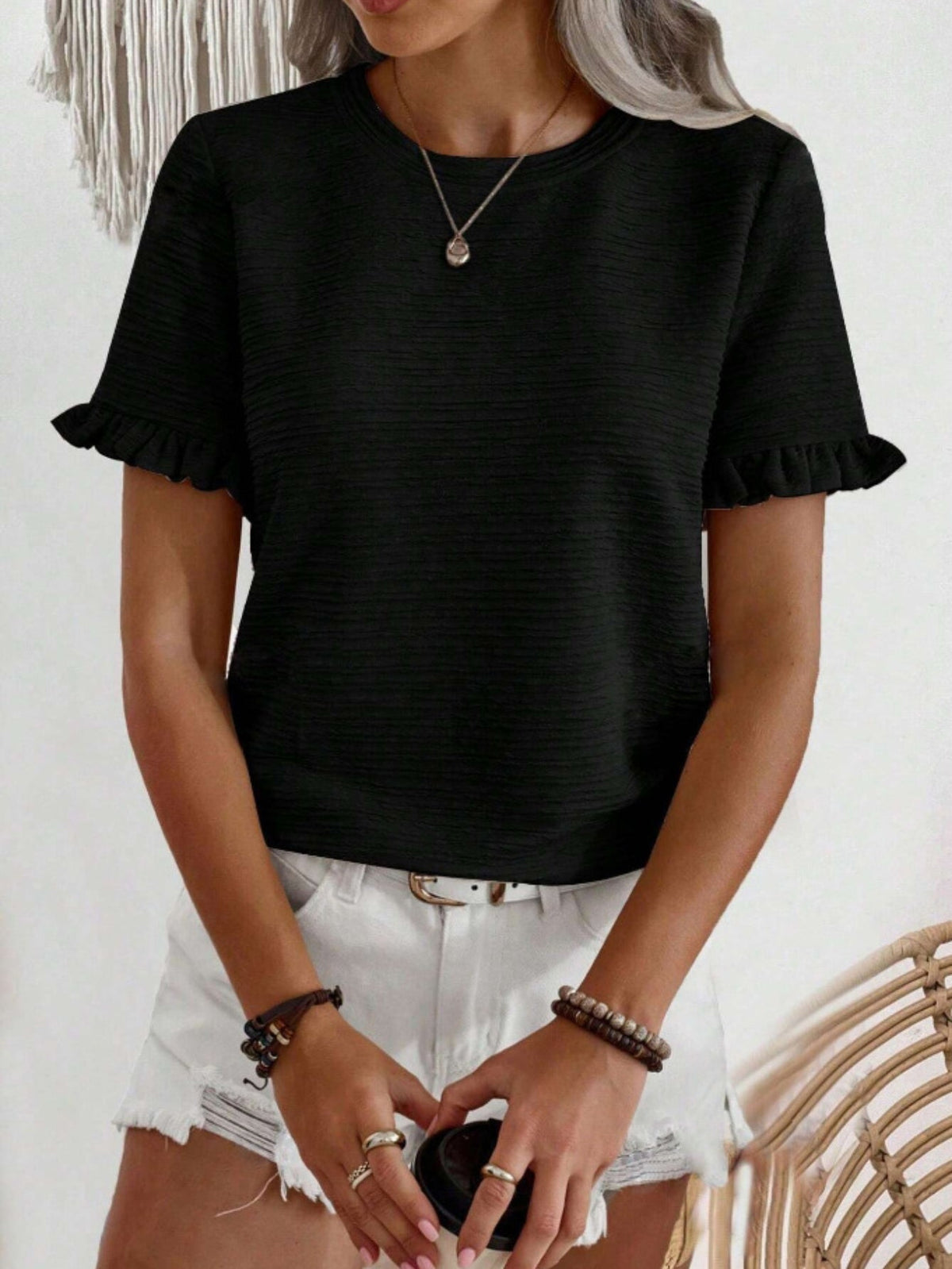 Solid Color Textured Crew Neck T-Shirt, Elegant Ruffle Trim Short Sleeve T-Shirt