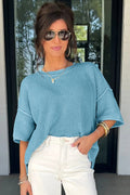Mist Blue Exposed Seam Detail Half Sleeve Loose Sweater