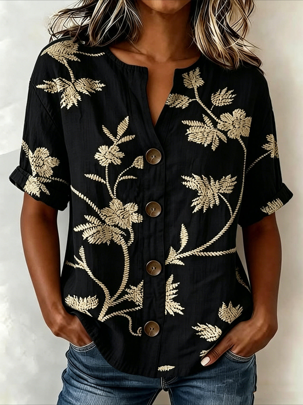 Loose Stand Collar Simple Linen Blend Shirt