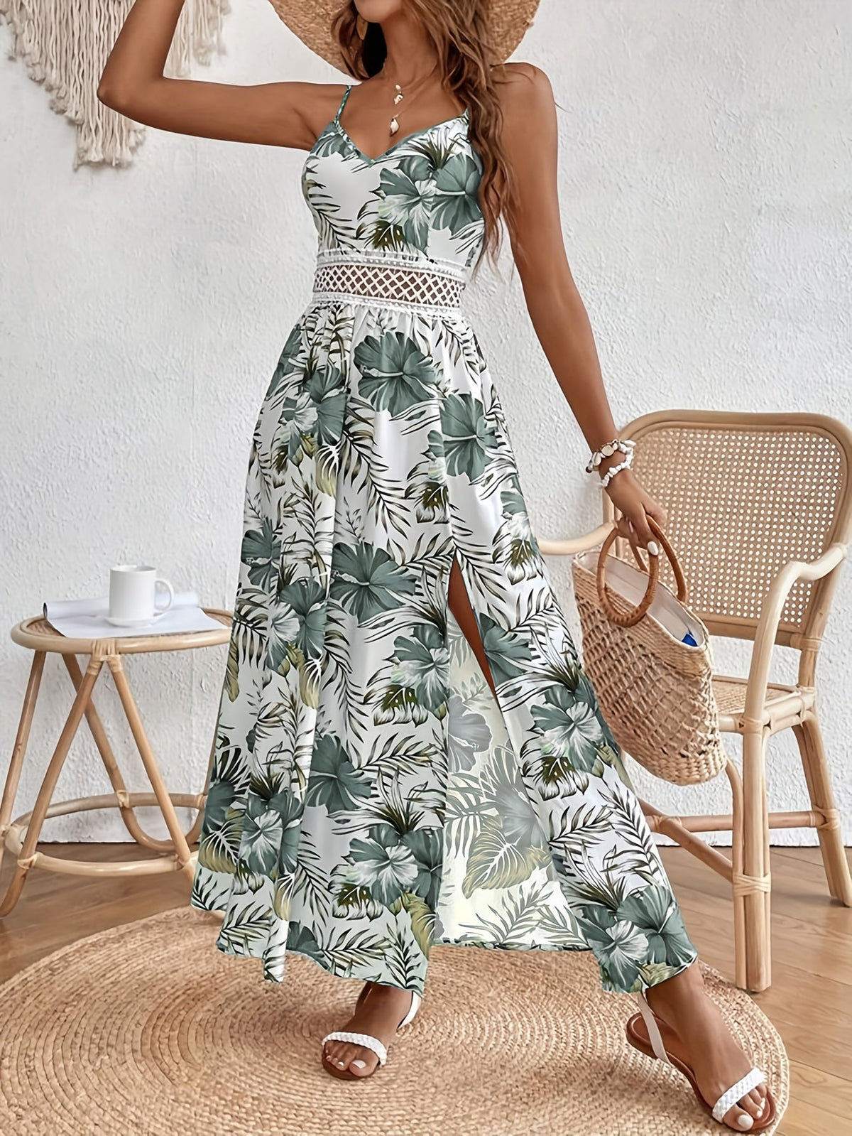 Floral Print Spaghetti Strap Elegant Sleeveless Split Dress