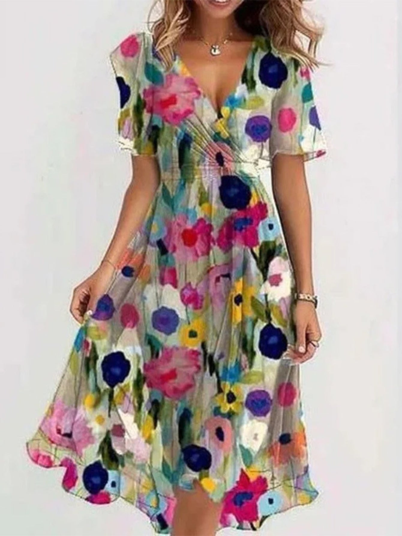 Short Sleeve V-Neck Floral Dress