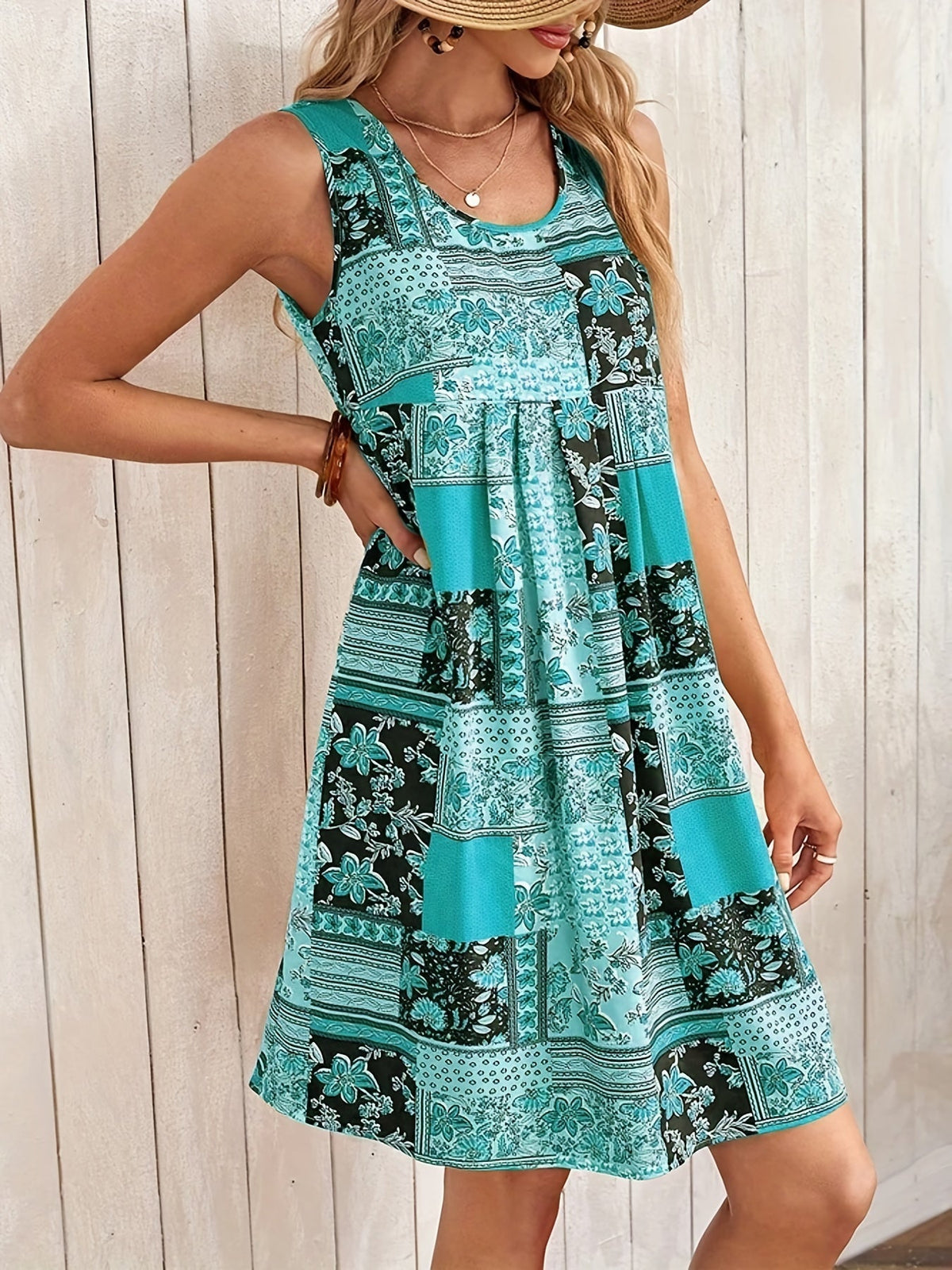 Floral Print Crew Neck Dress, Elegant Sleeveless Tank Dress