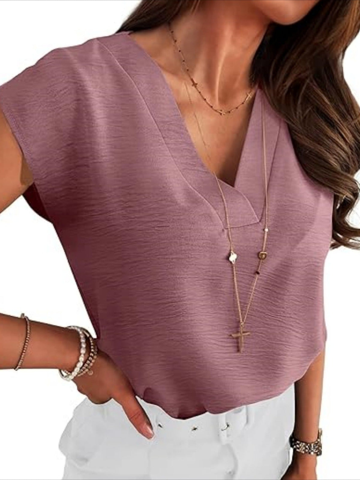 Plain V-Neck Batwing Short Sleeve Casual Loose Blouse