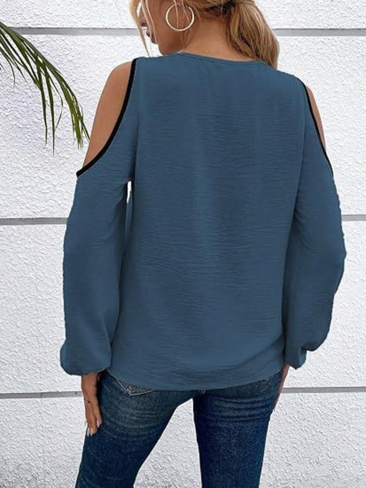 Color Block Cold Shoulder Blouse, Casual Long Sleeve Top