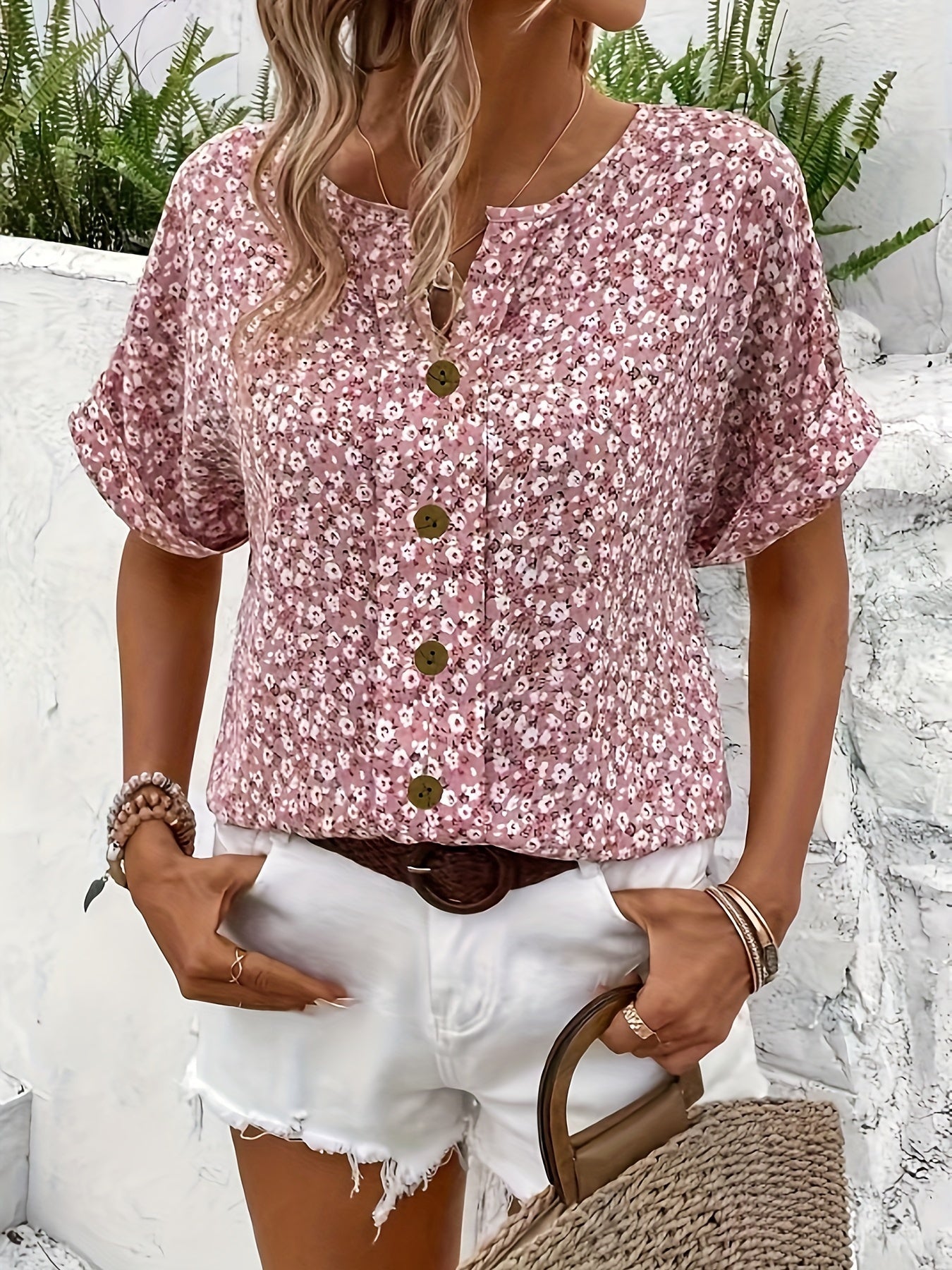 Stunning Floral Print Blouse - Soft Notched Collar, Breathable Polyester & Elastane Blend