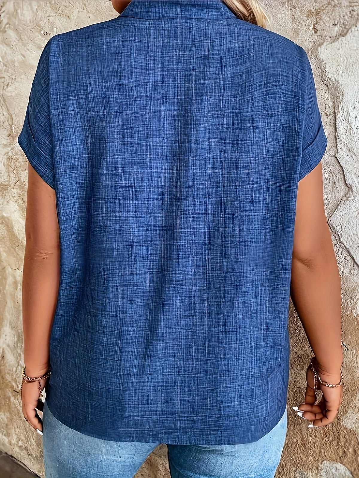 Elegant Dark Blue Notched V-Neck Blouse