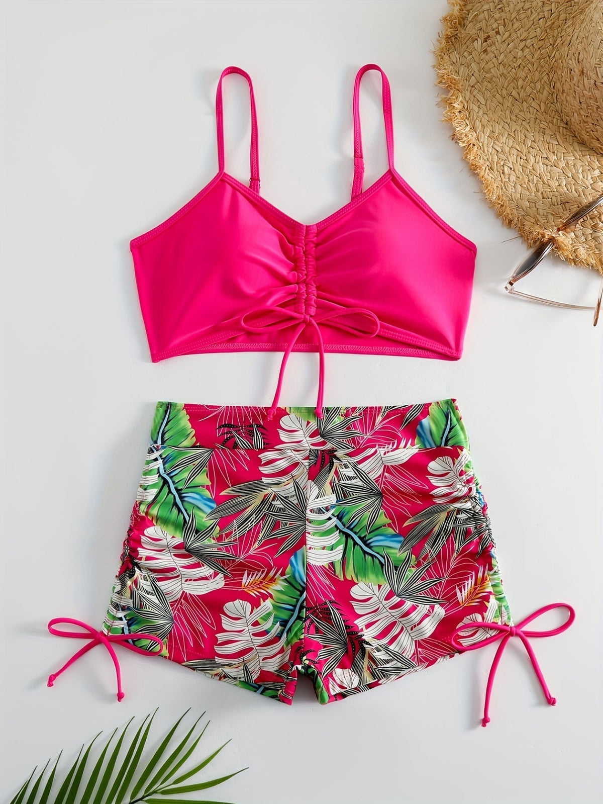 Tropical Leaf Print V Neck High Waist Bikini Sets, Drawstring Spaghetti Straps Boxer Short Bottoms Two Pieces Swimsuit