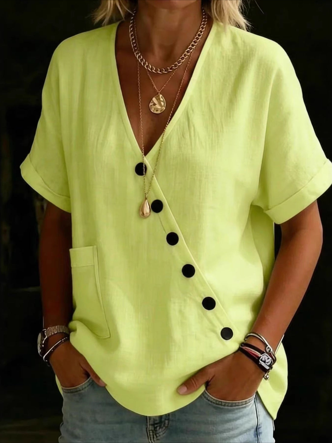 Solid Color Cotton Linen Short Sleeve V Neck Button Patch Pocket Summer Going Out Casual Shirt