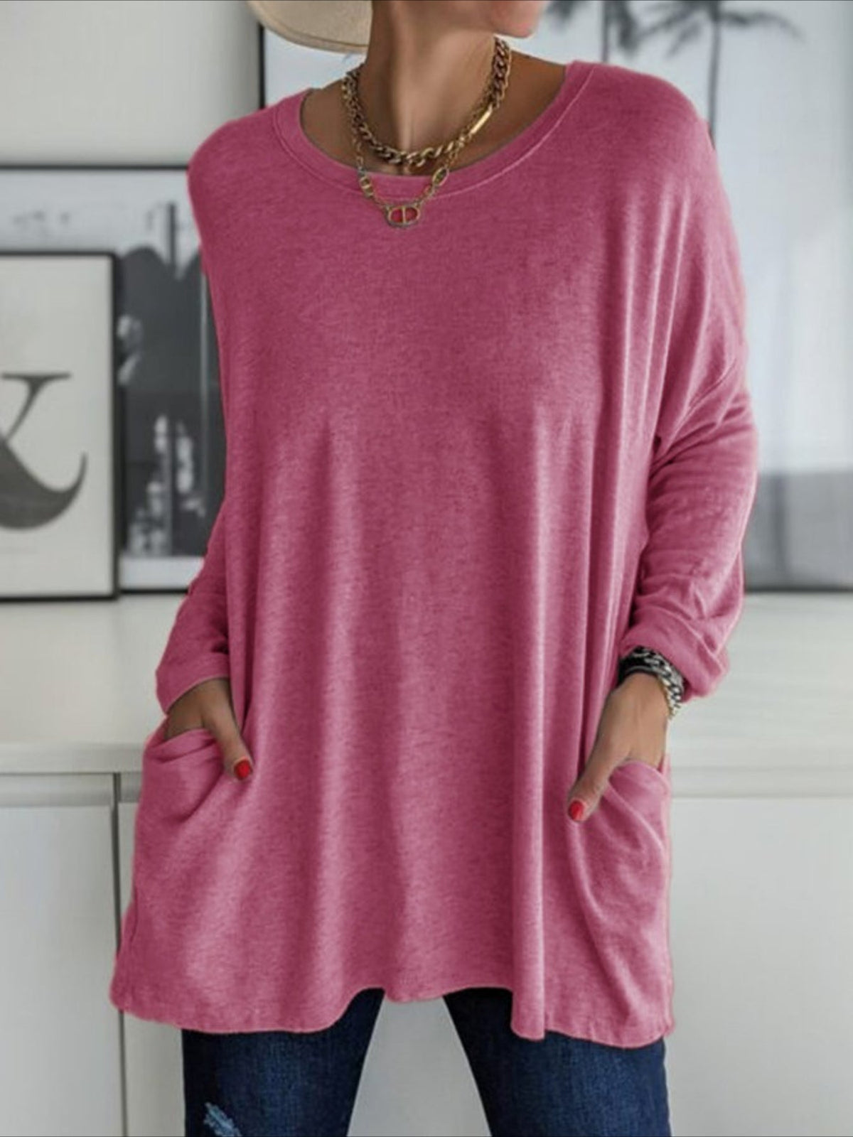 Solid Color Pocket Long Sleeve Crew Neck Top