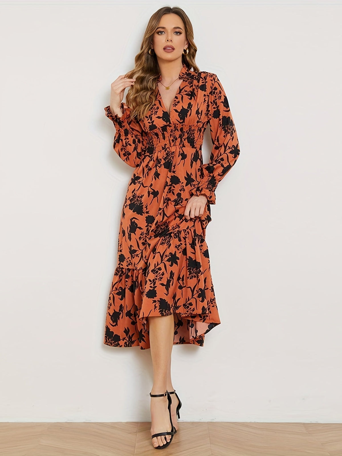 Floral Print Shirred Waist Dress, Casual V Neck Long Sleeve Dress