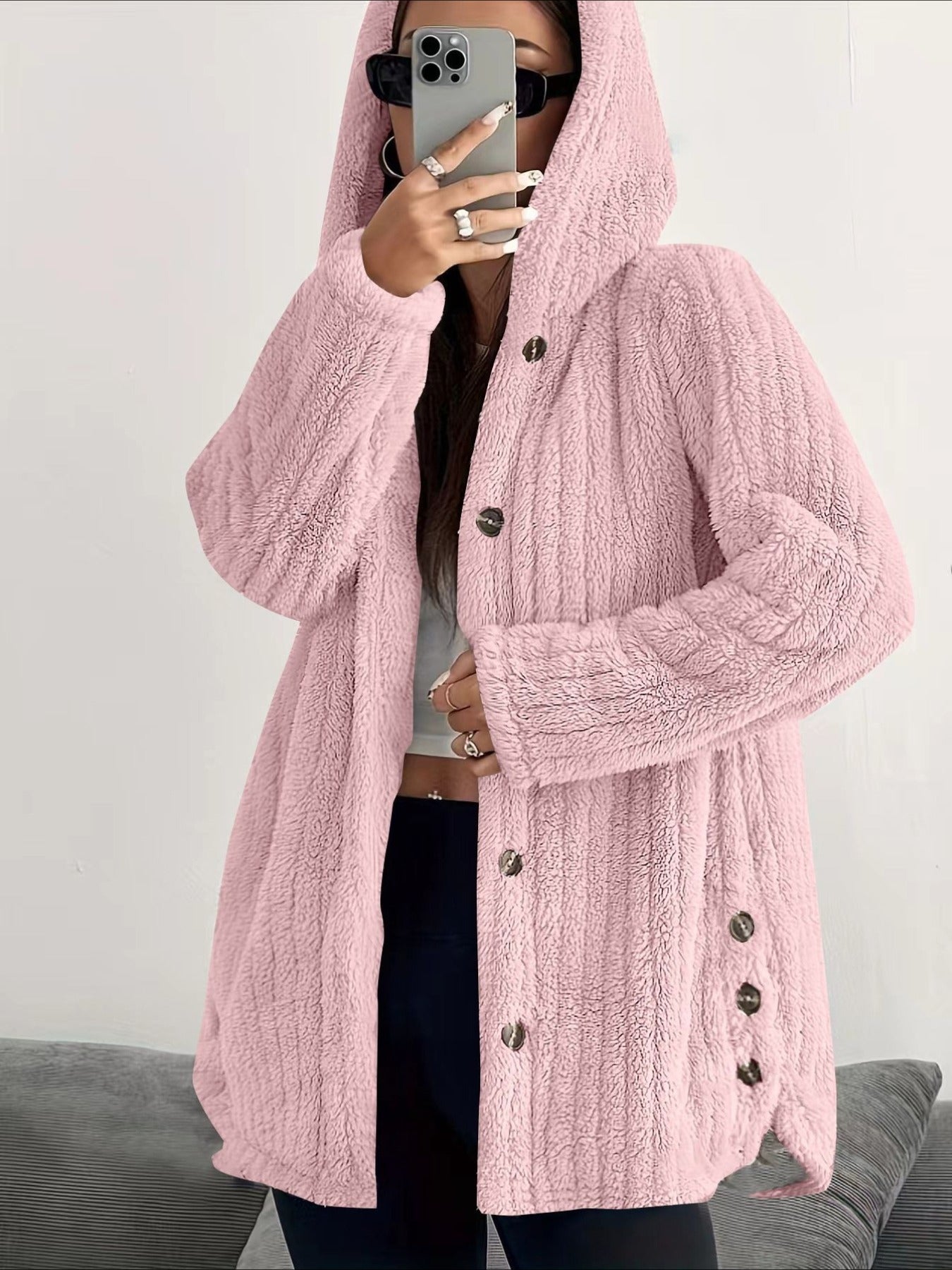 Solid Color Long Sleeve Hooded Loose Jacket