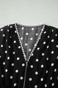 Black Polka Dot Print Contrast Trim V Neck Zip Up Sleeveless Dress