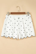 White Polka Dot Print Embroidered Scallop Hem Shorts