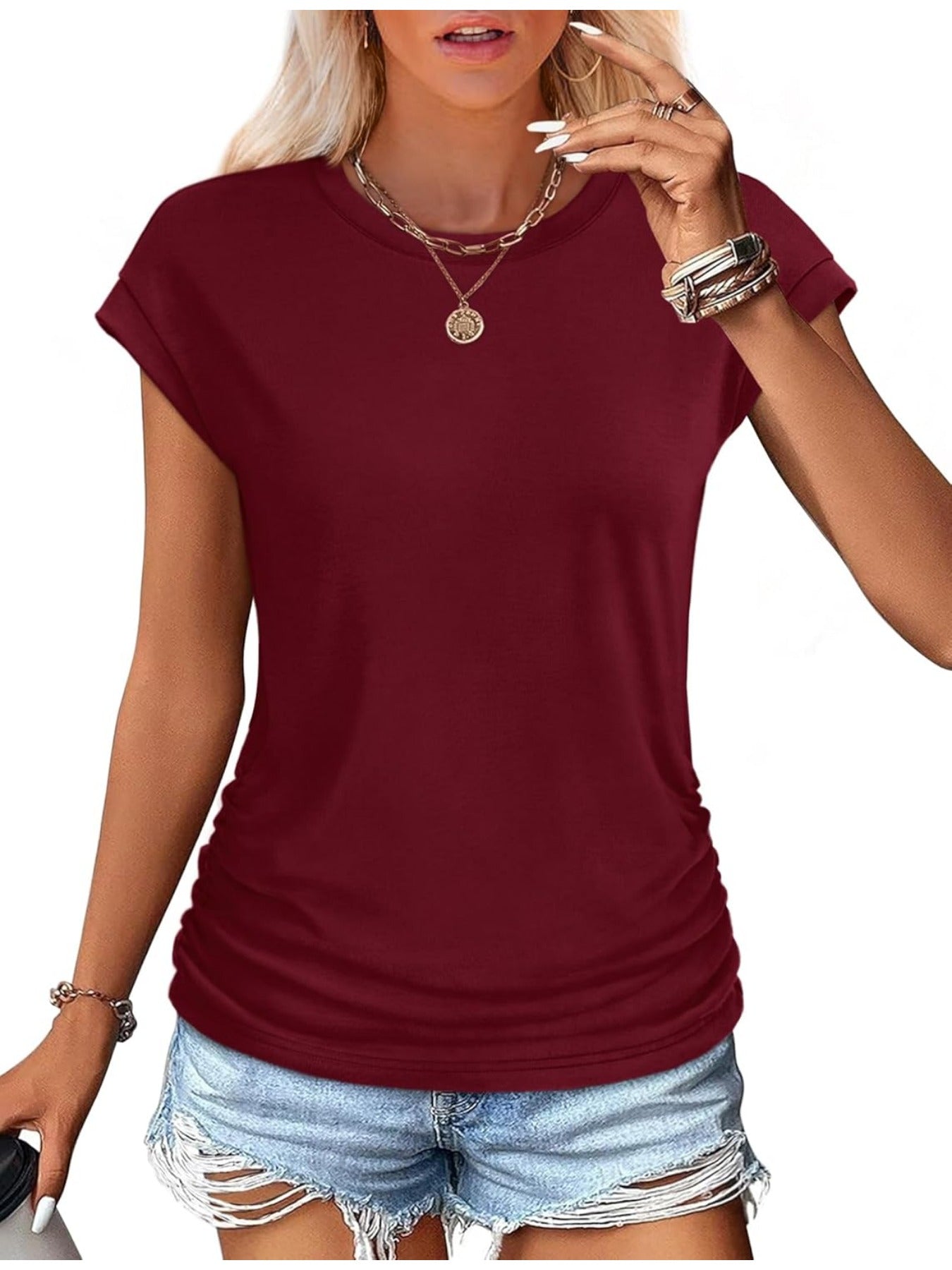 Solid Color Crew Neck Ruched Cap Short Sleeve T Shirts