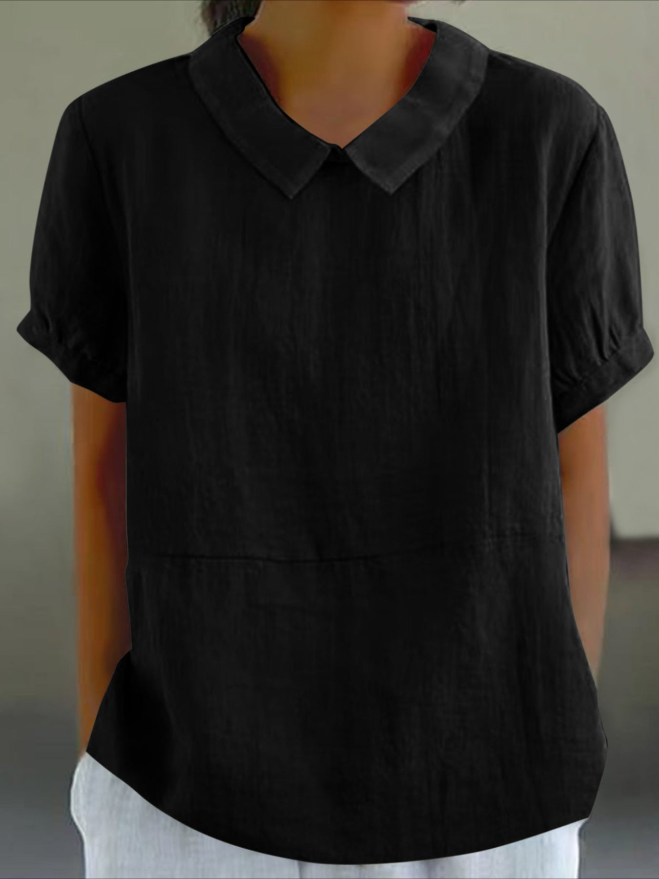 Solid Color Loose Lapel Short Sleeve Cotton Top
