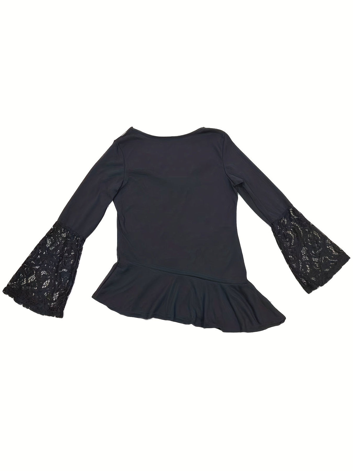 Contrast Lace Ruffle Hem Crew Neck T-Shirt, Casual Long Sleeve Top