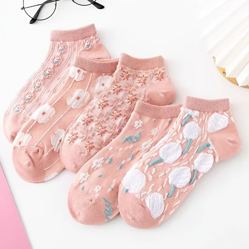 5 Pairs Kawaii Harajuku Flower Printed Socks, Cute JK Low Cut Short Crew Elastic Socks Soft Breathable Sock