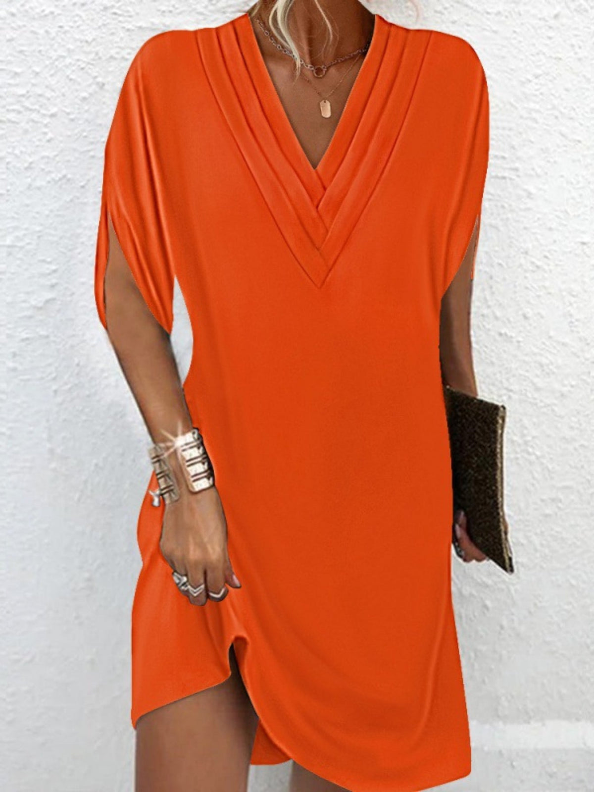 Tucked Solid Dress, Casual V Neck Short Sleeve Dress