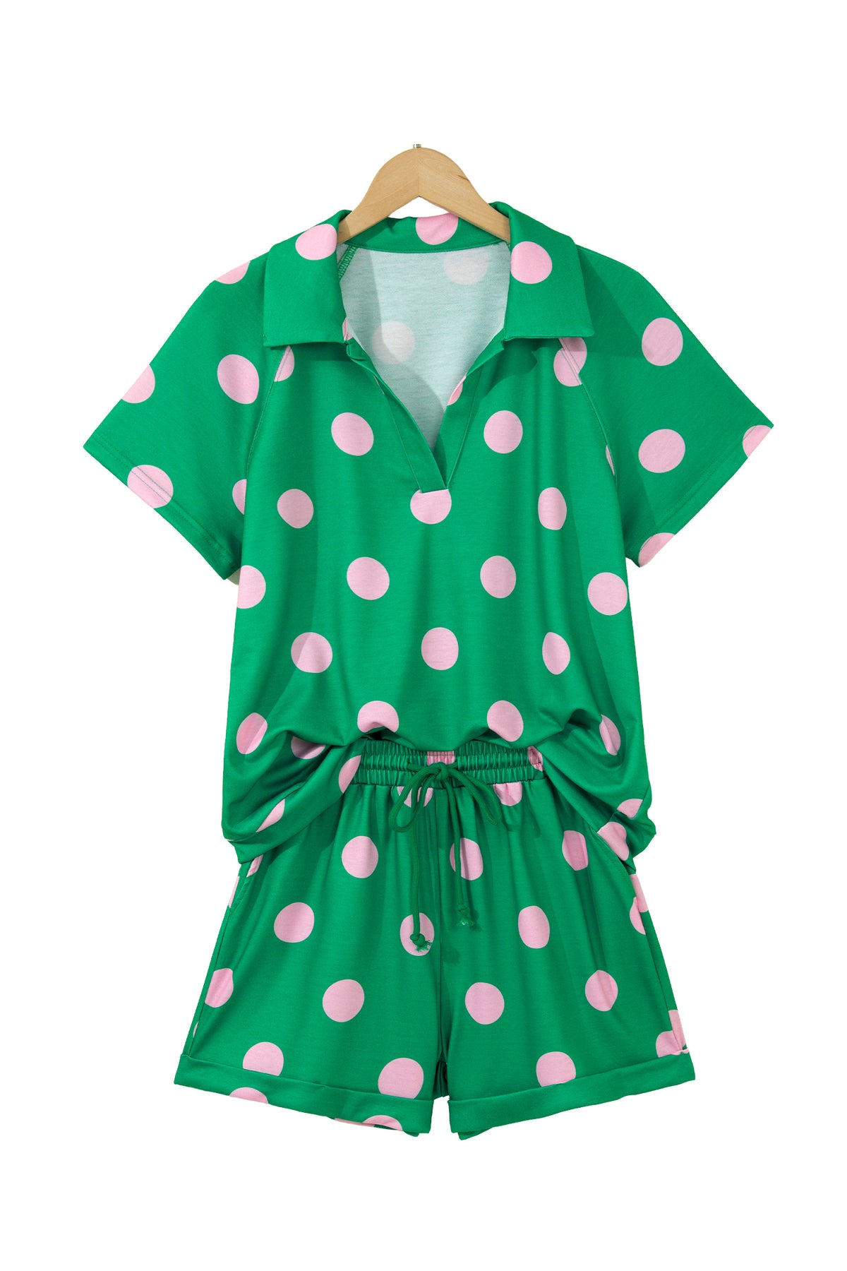 Green Polka Dot Print V Neck Tee Short Set