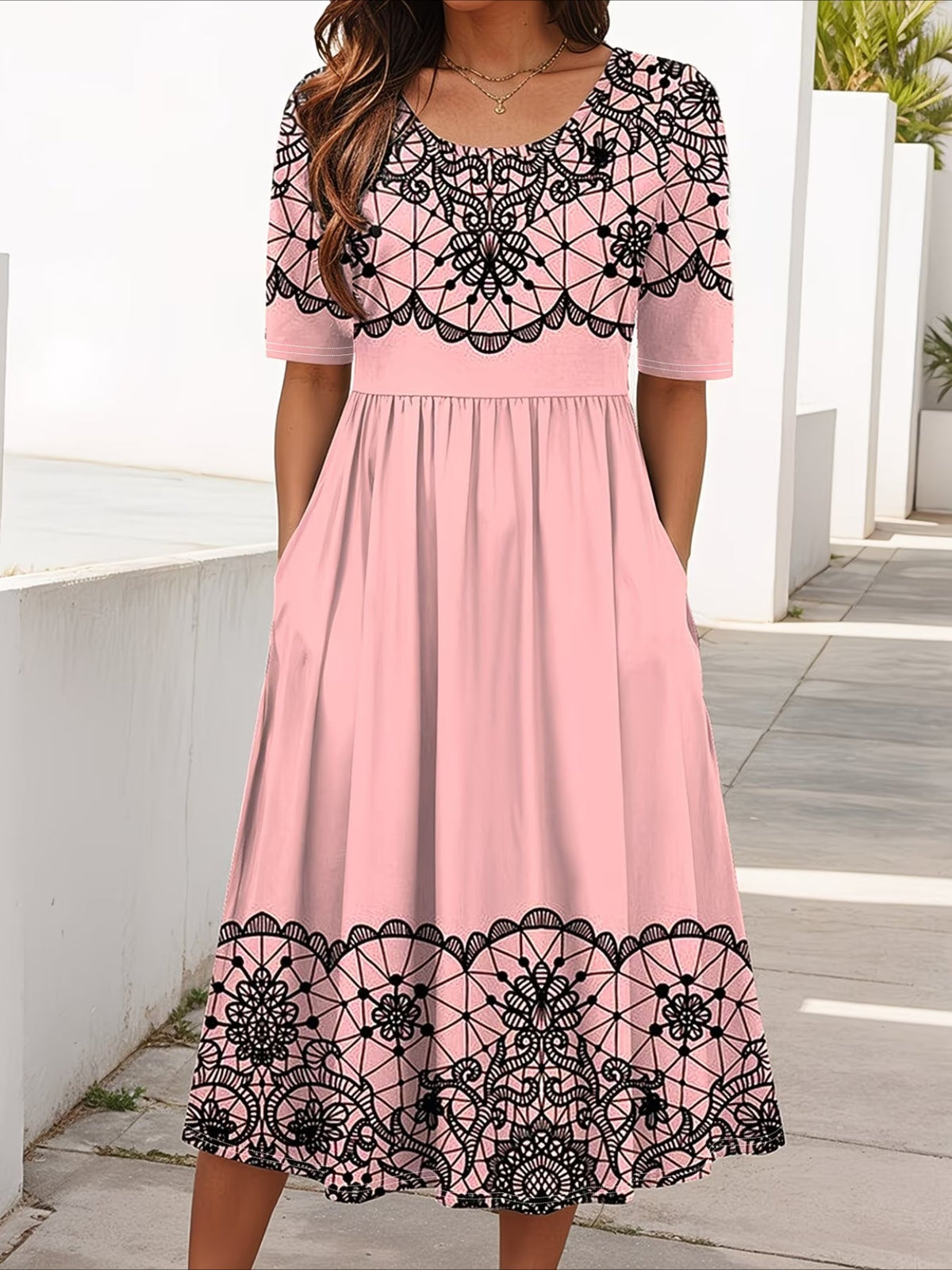 Floral Printing Crew Neck Short Sleeve Dress
