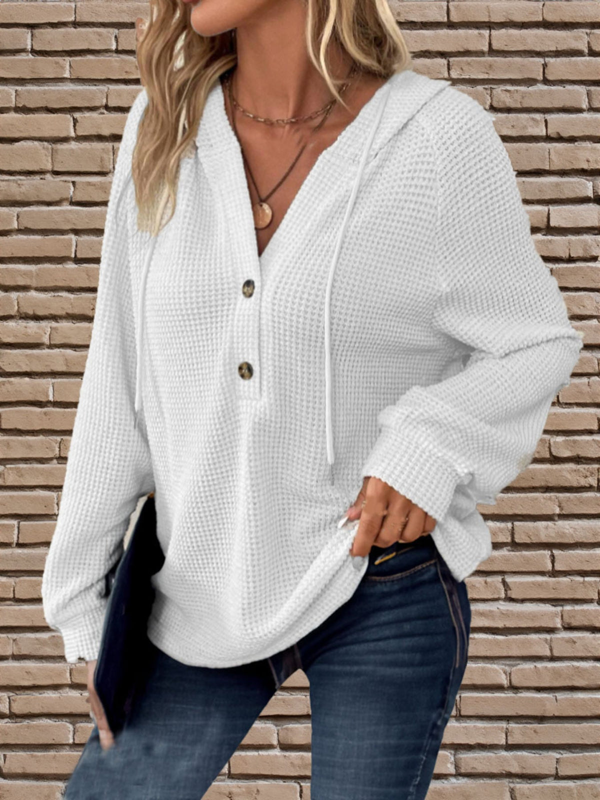 Waffle Button Front Loose Hoodie, Casual Long Sleeve Drawstring Hoodies Sweatshirt