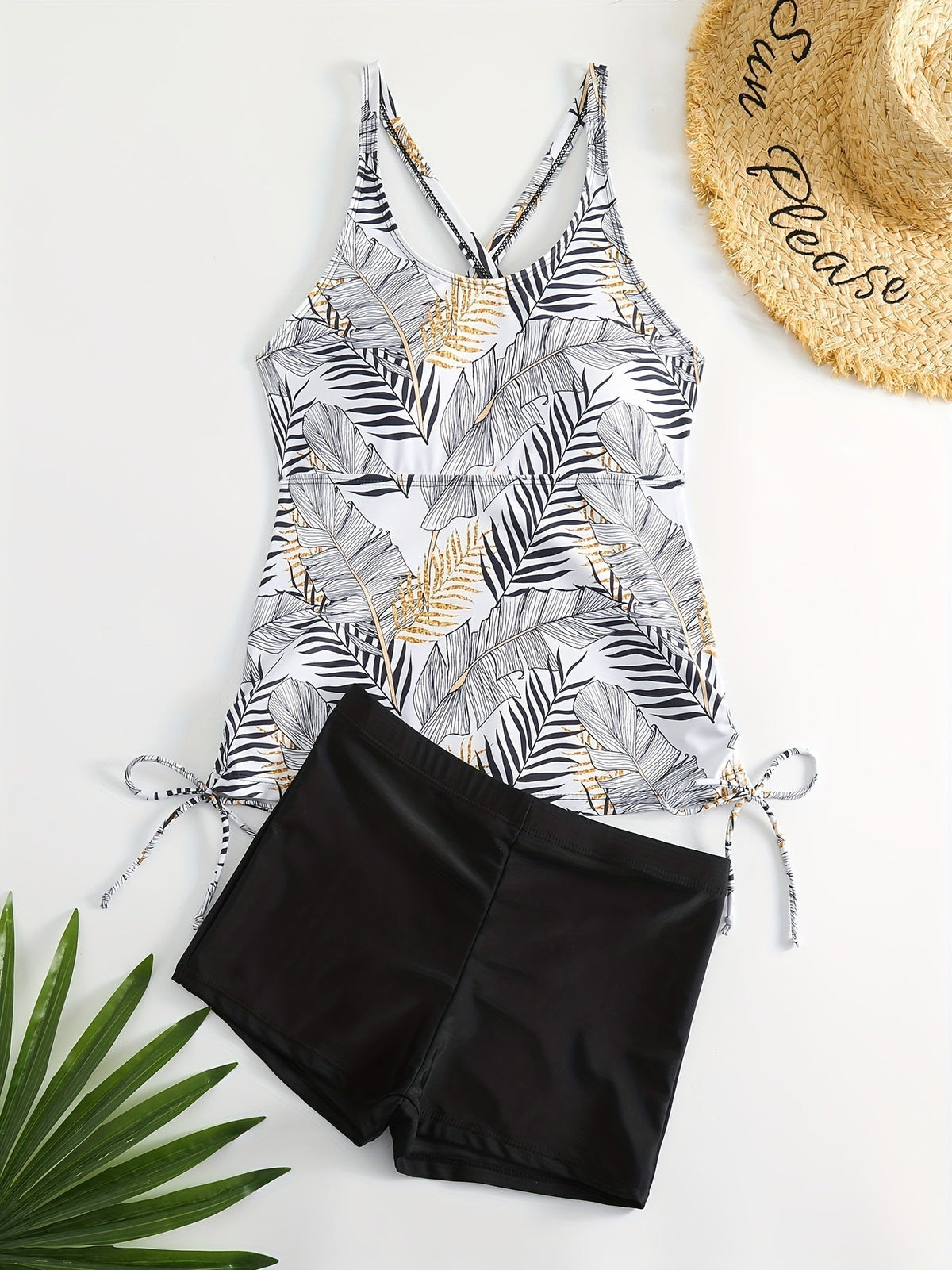 Tropical Print Round Neck Tankini Sets, Drawstring Straps Boxer Short Bottom Two Pieces Swimsuit