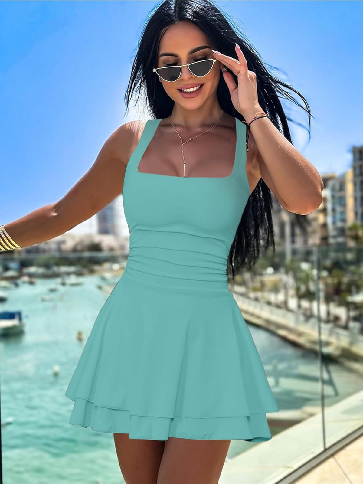 Solid Color Square Neck Ruffle Hem Ruched Waist Mini Dress
