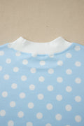 Sky Blue Polka Dot Print Color Block Trim Mock Neck Short Set