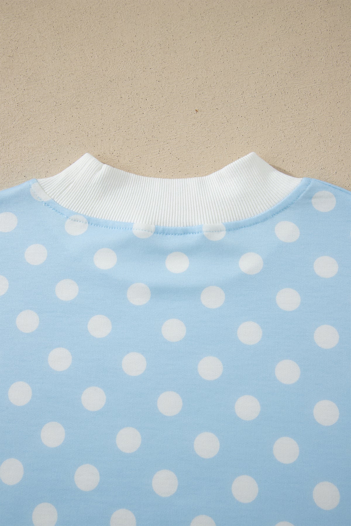 Sky Blue Polka Dot Print Color Block Trim Mock Neck Short Set
