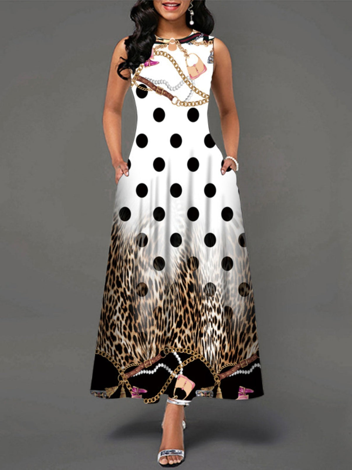 Casual Tank Dress, Colorblock Floral Print Cut Out Round Neck Medium Stretch Maxi Tank Dress