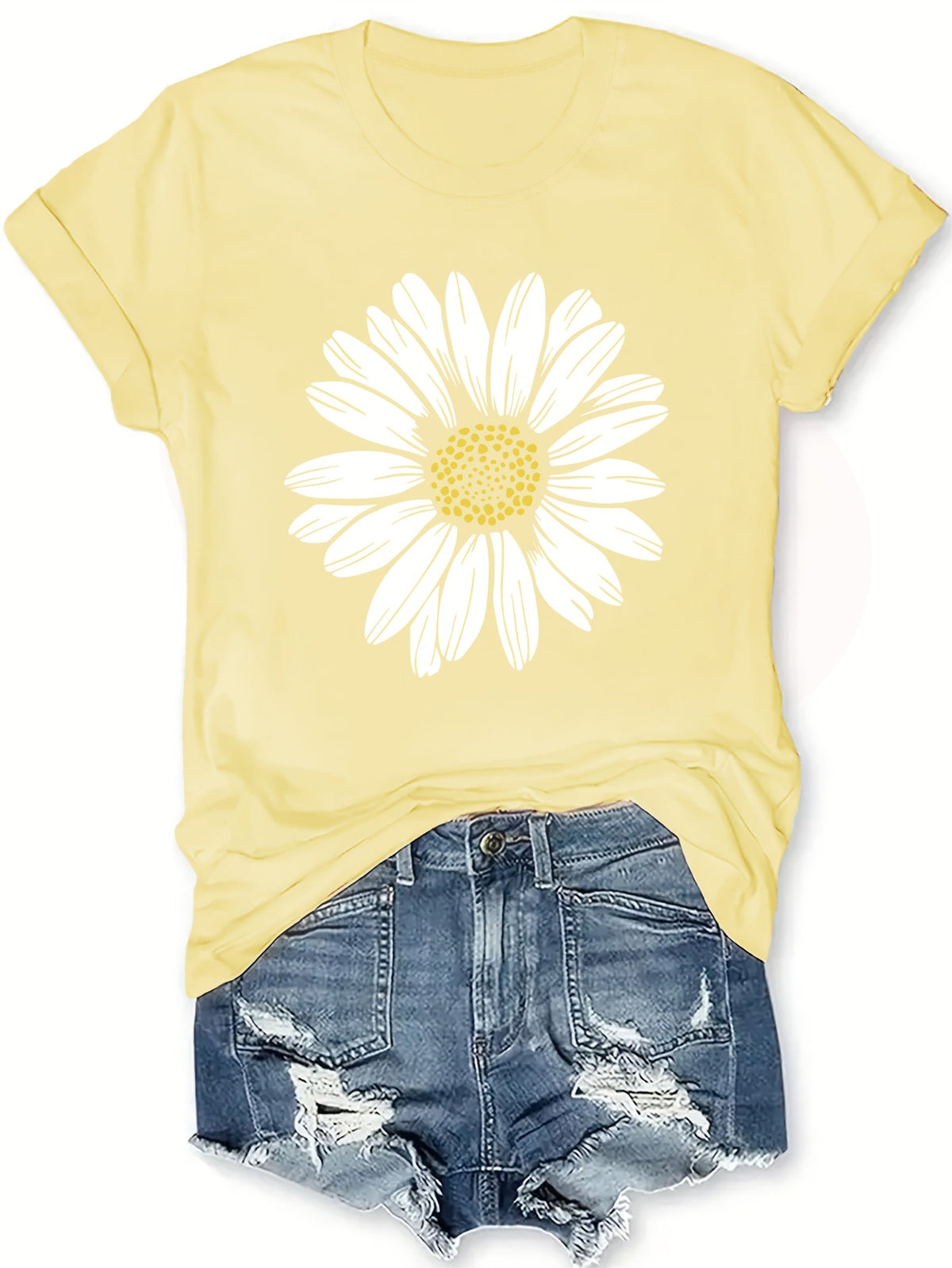 Daisy Flower Print Crew Neck Short Sleeve T-Shirt