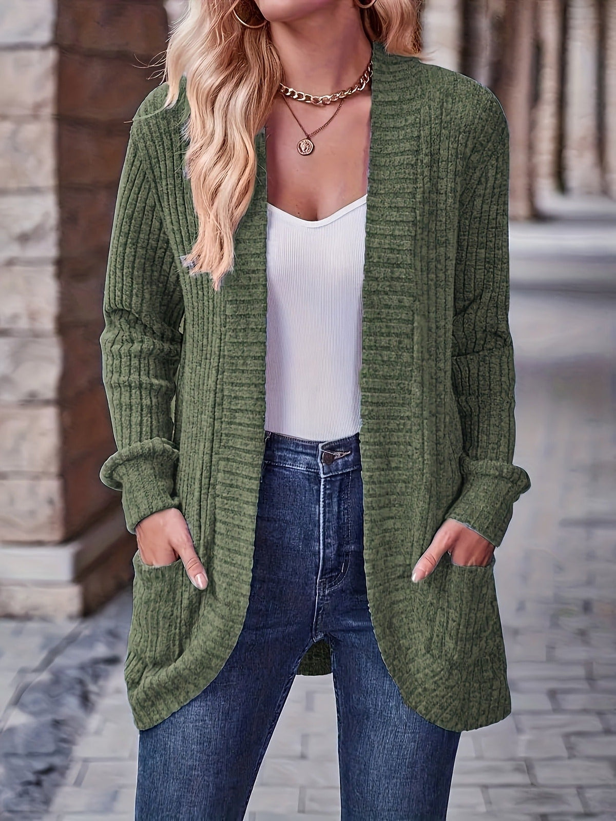 Loose Fit Long Sleeve Open Collar Casual Blouse with Side Pockets