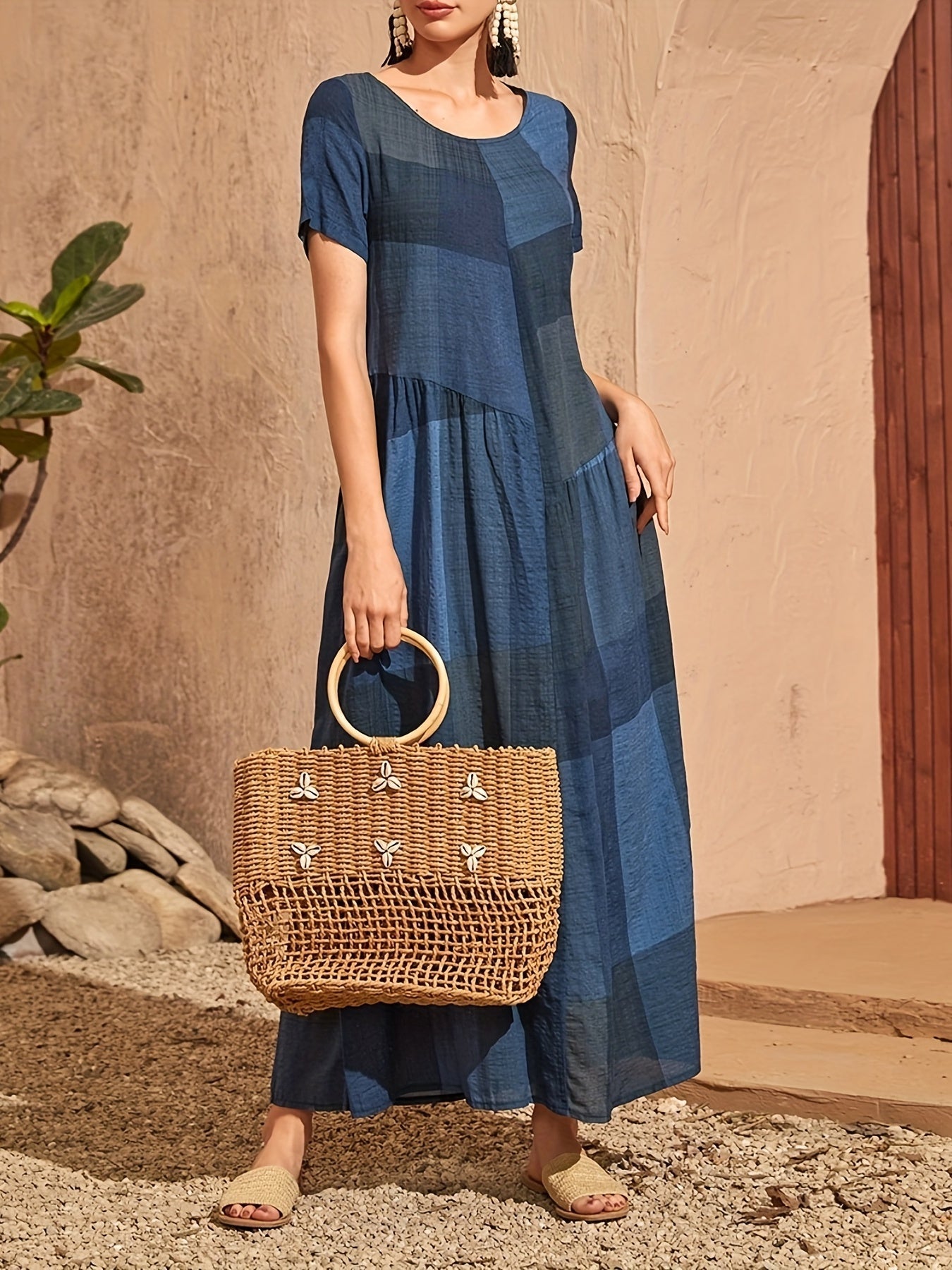 Loose Color Block Dress, Crew Neck Short Sleeve Vacation Dress, Casual Every Day Dress