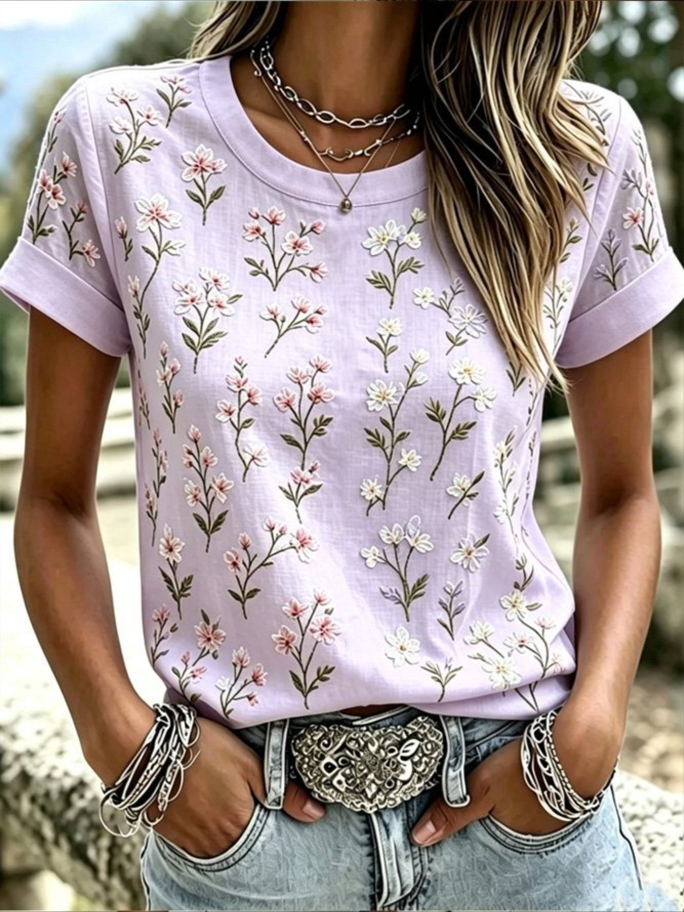 Floral Print Short Sleeve Crew Neck Top with Patchwork Blouse Style