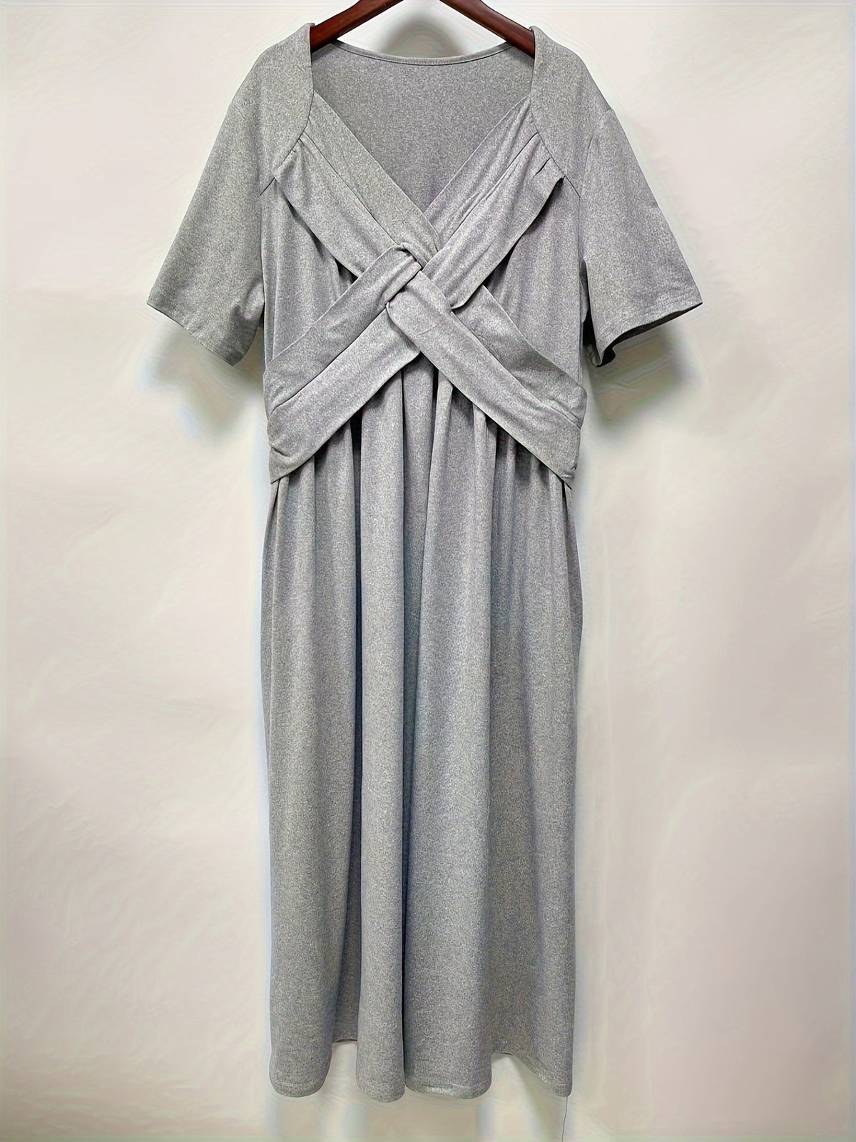 Solid V Neck Dress, Casual Criss Cross Short Sleeve Dress
