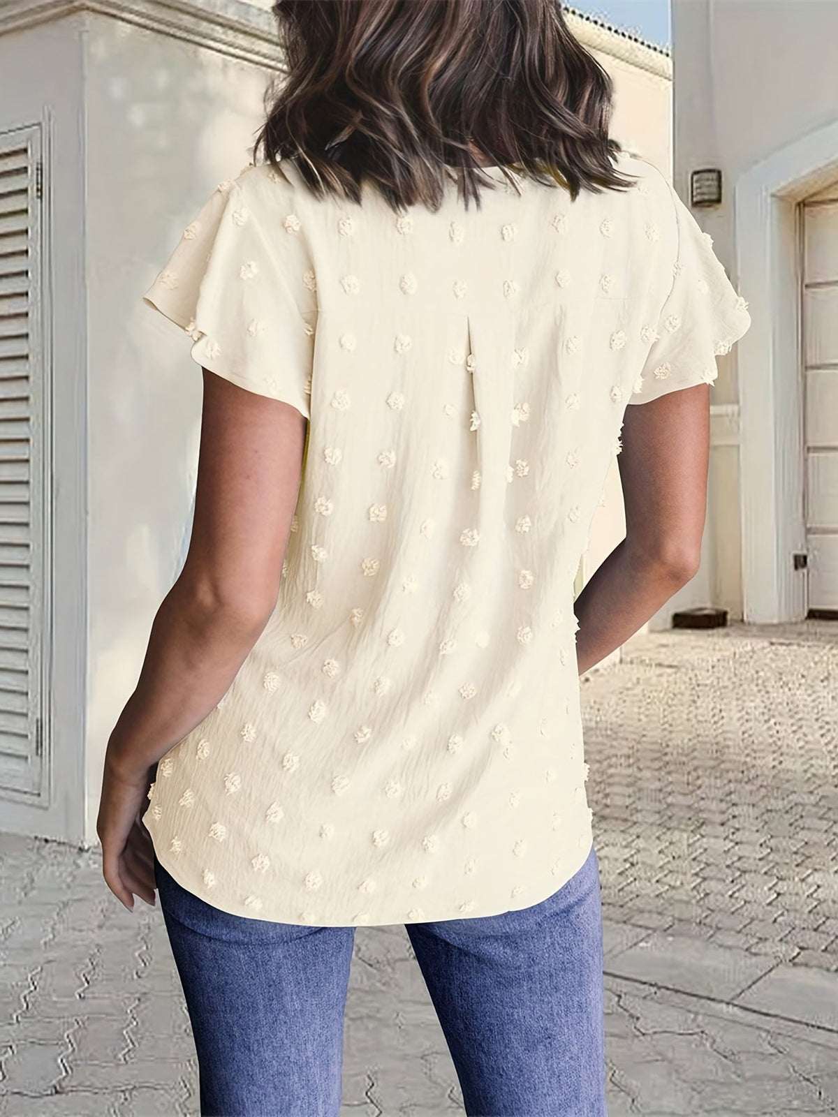 Swiss Dot V Neck Blouse, Casual Ruffle Sleeve Blouse
