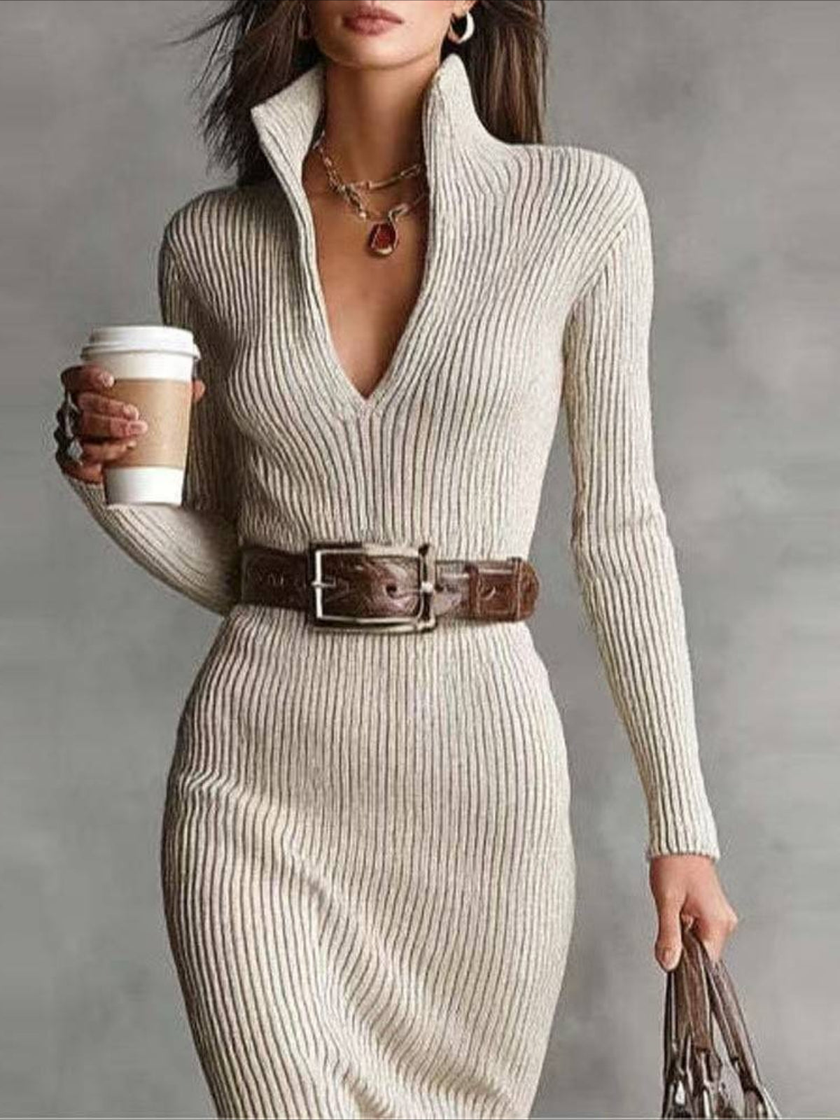 Loose Plain Simple Turtleneck Sweater Dress With No Belt