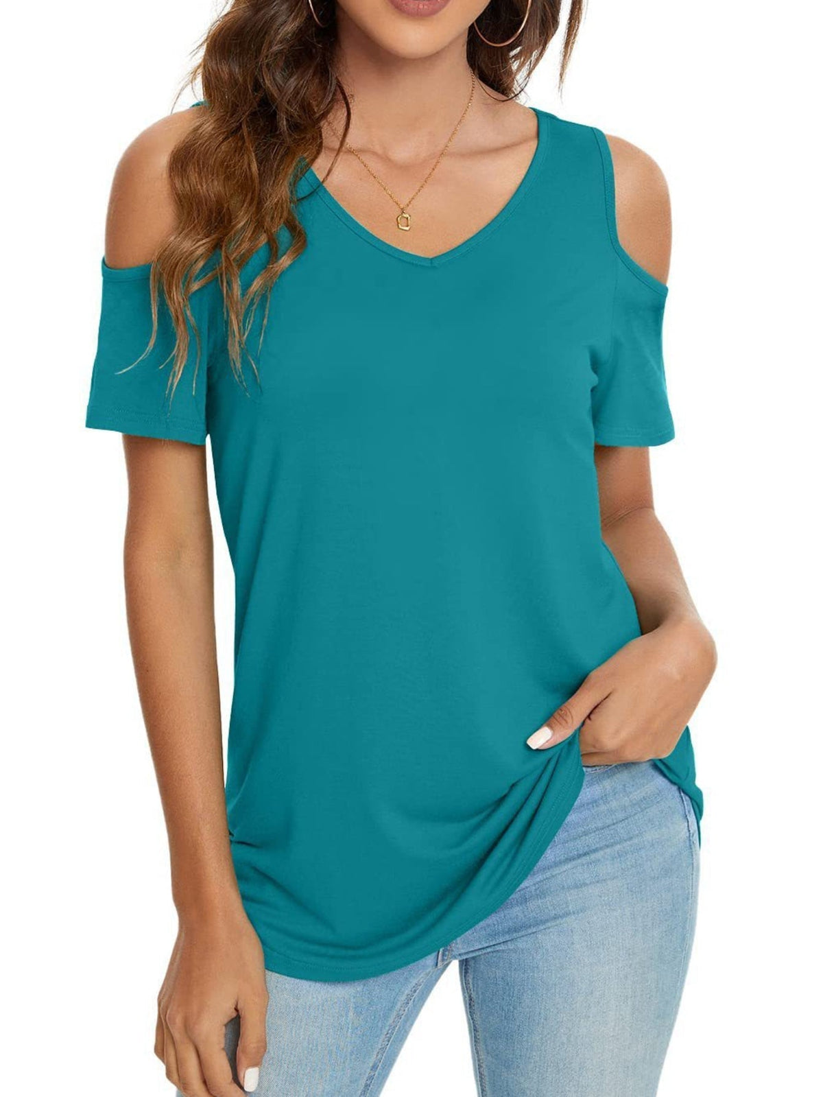 Cold Shoulder V Neck T-Shirt, Casual Short Sleeve T-Shirt